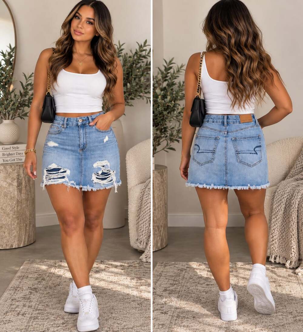 Y2K Distressed Denim Mini Skirt Grunge American Eagle Light Wash